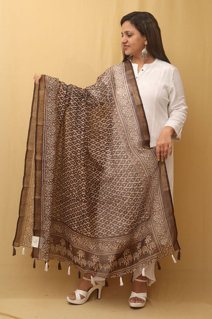 Brown Block Printed Chanderi Silk Dupatta