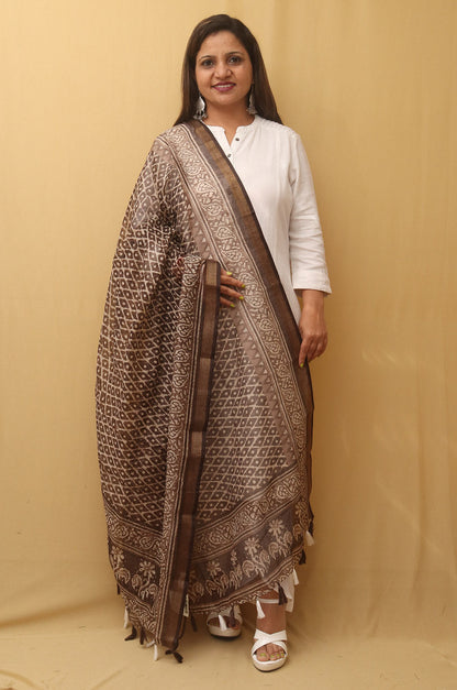 Brown Block Printed Chanderi Silk Dupatta