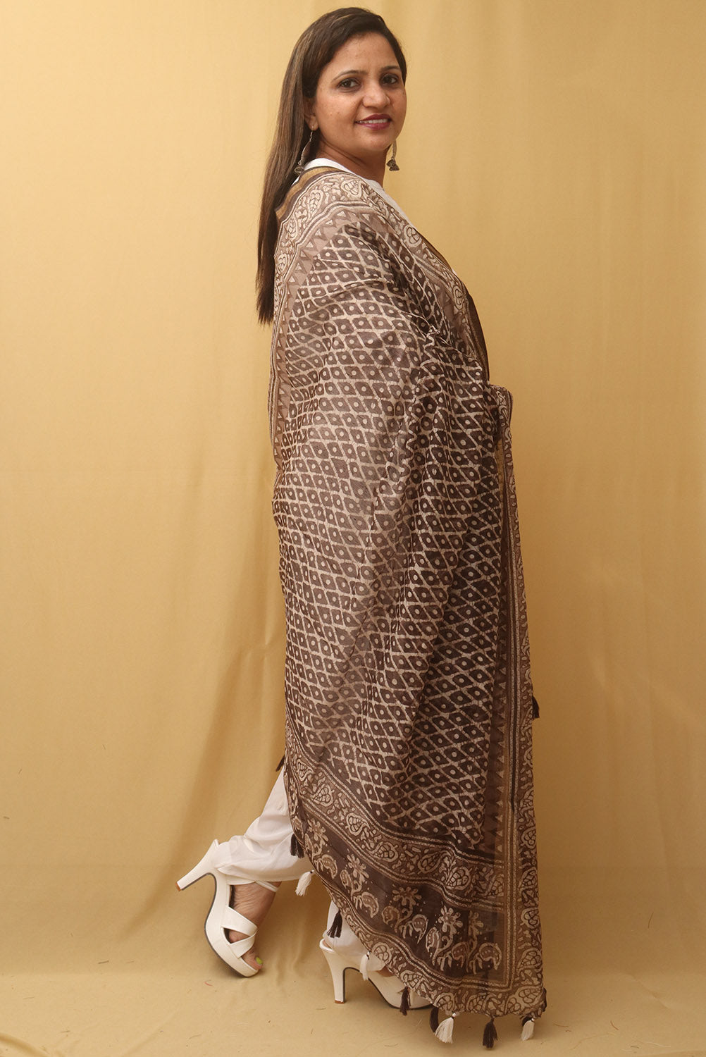 Brown Block Printed Chanderi Silk Dupatta