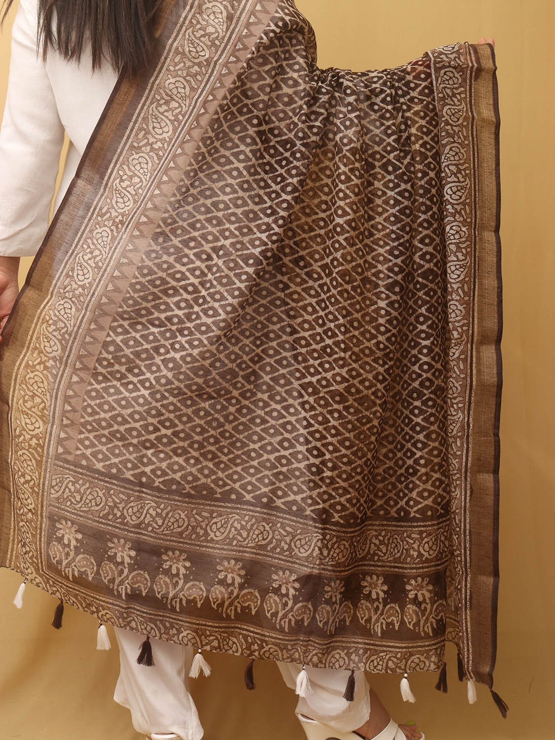 Brown Block Printed Chanderi Silk Dupatta
