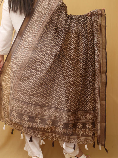 Brown Block Printed Chanderi Silk Dupatta