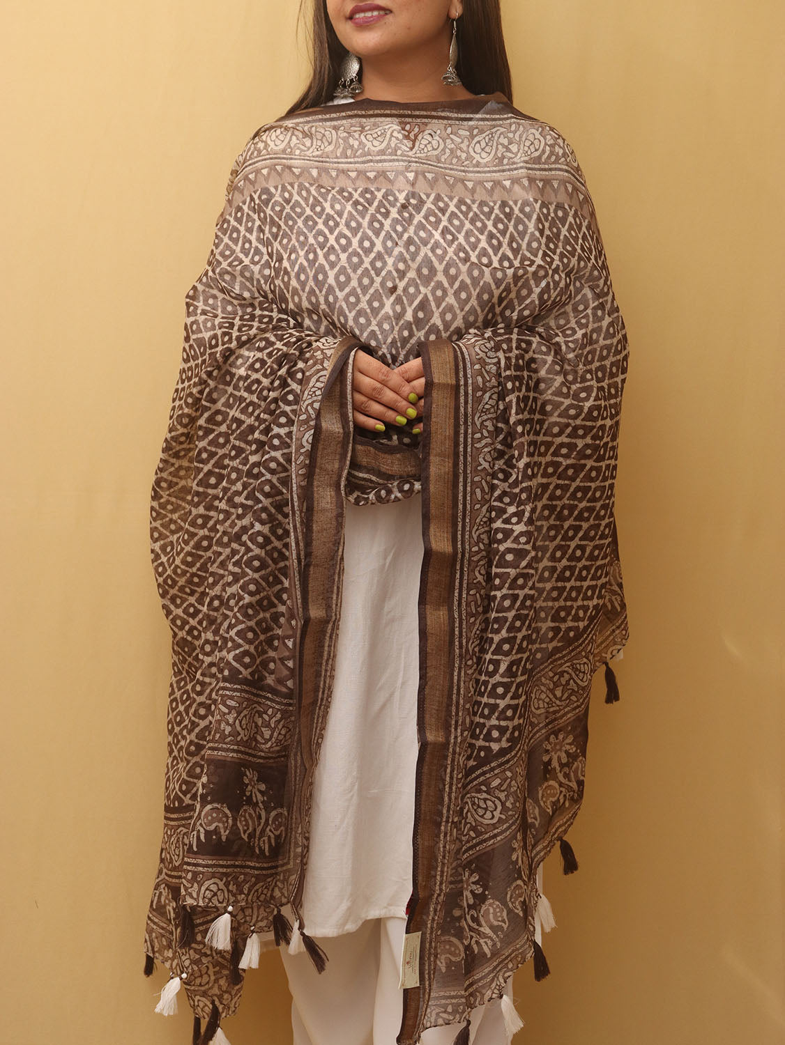 Brown Block Printed Chanderi Silk Dupatta