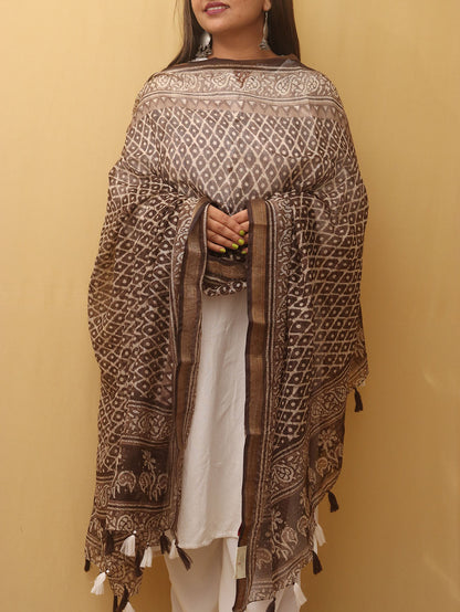 Brown Block Printed Chanderi Silk Dupatta