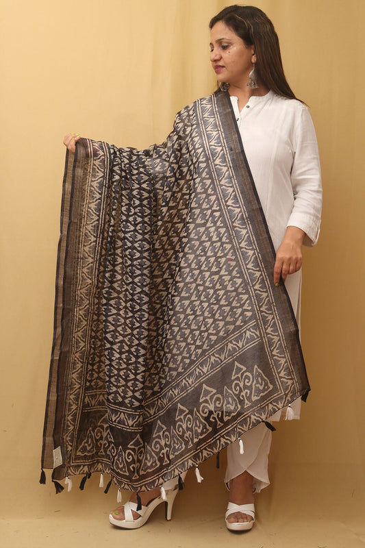 Black Block Printed Chanderi Silk Dupatta - divyaindia 
