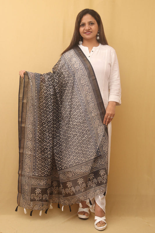 Black Block Printed Chanderi Silk Dupatta - divyaindia 