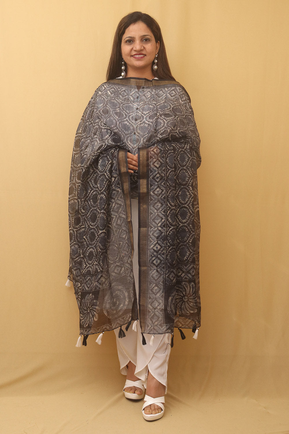Black Block Printed Chanderi Silk Dupatta - divyaindia 