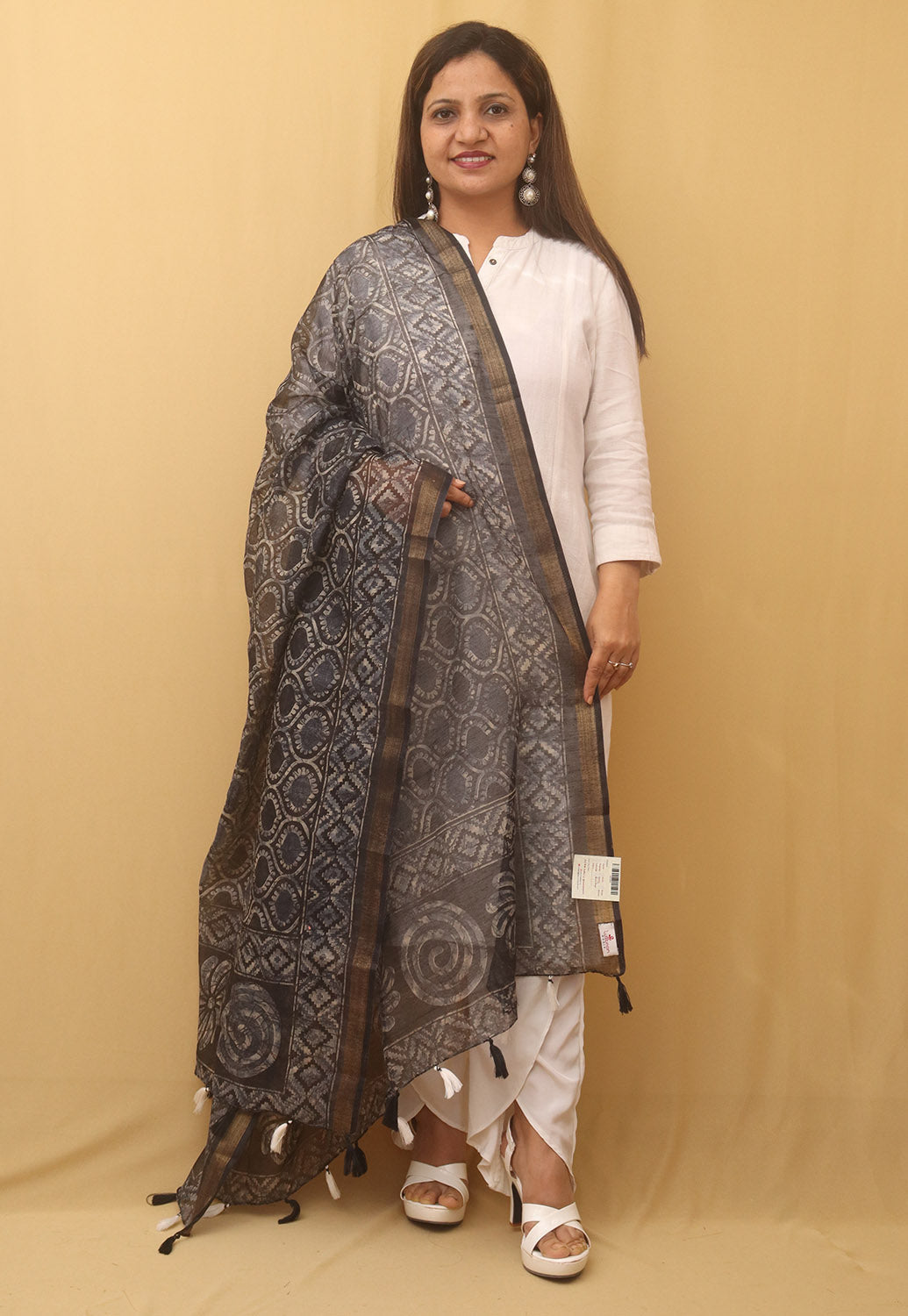 Black Block Printed Chanderi Silk Dupatta - divyaindia 