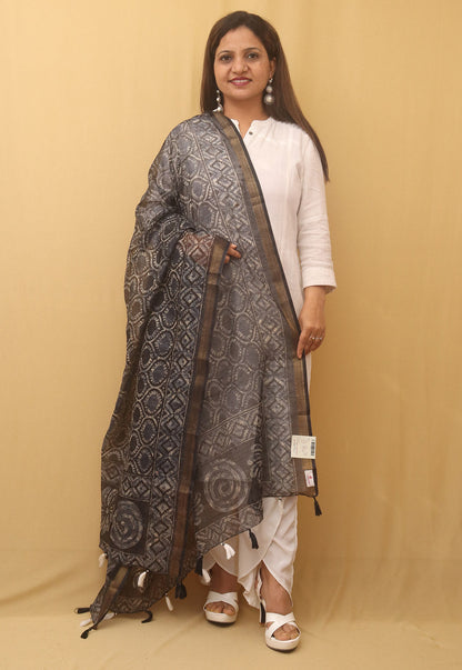 Black Block Printed Chanderi Silk Dupatta - divyaindia 