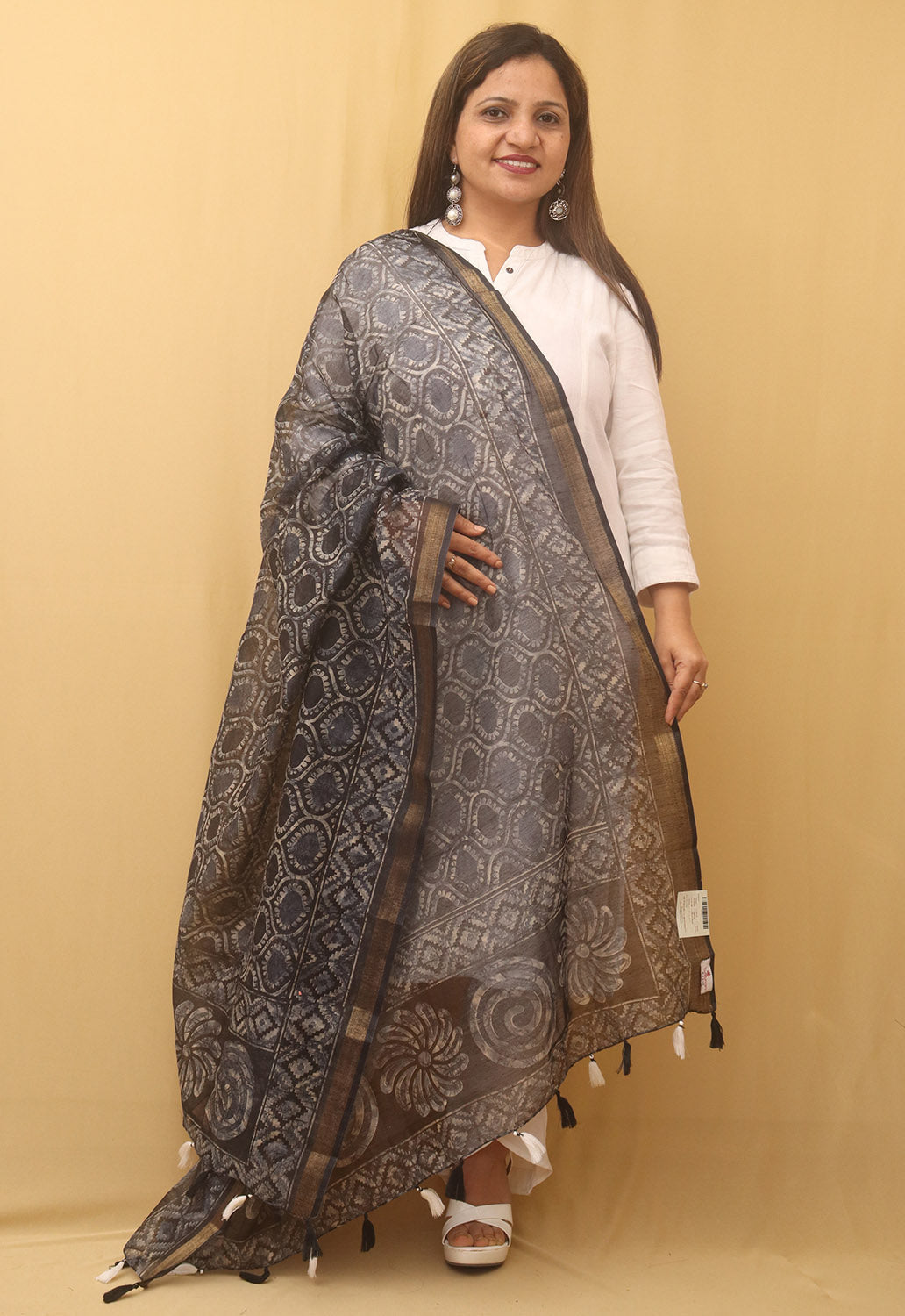 Black Block Printed Chanderi Silk Dupatta - divyaindia 