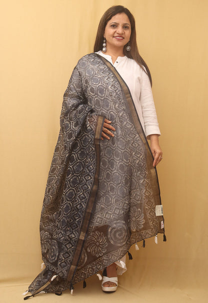 Black Block Printed Chanderi Silk Dupatta - divyaindia 