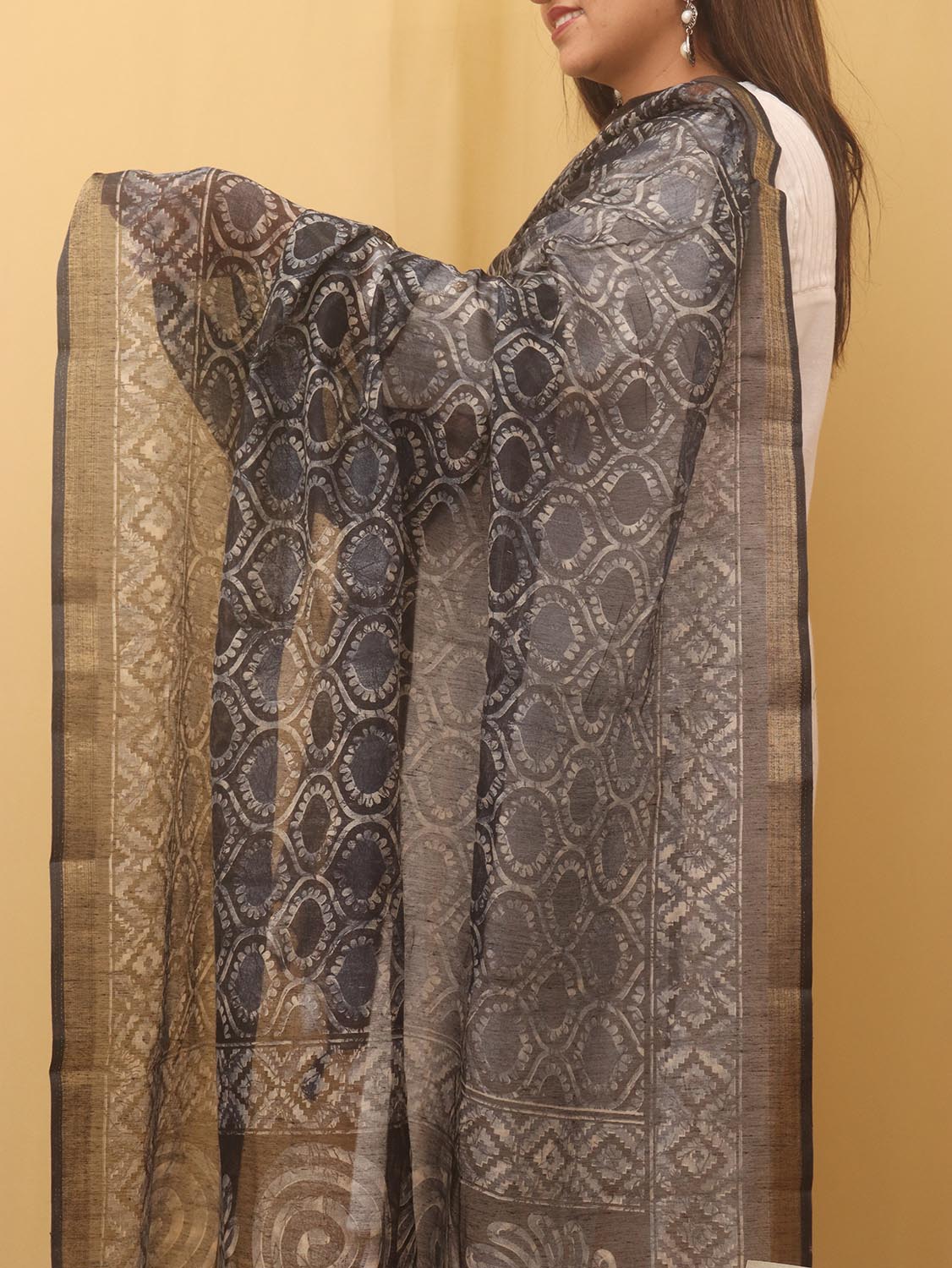 Black Block Printed Chanderi Silk Dupatta - divyaindia 