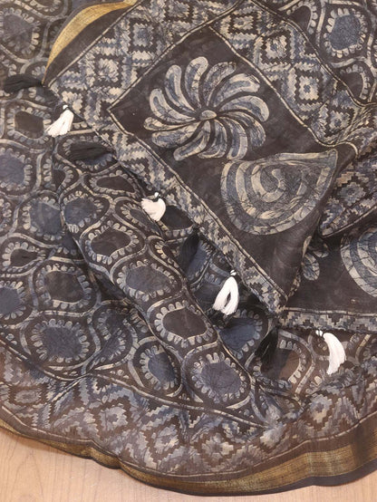 Black Block Printed Chanderi Silk Dupatta - divyaindia 