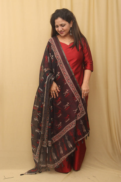Elegant Black Block Printed Silk Dupatta
