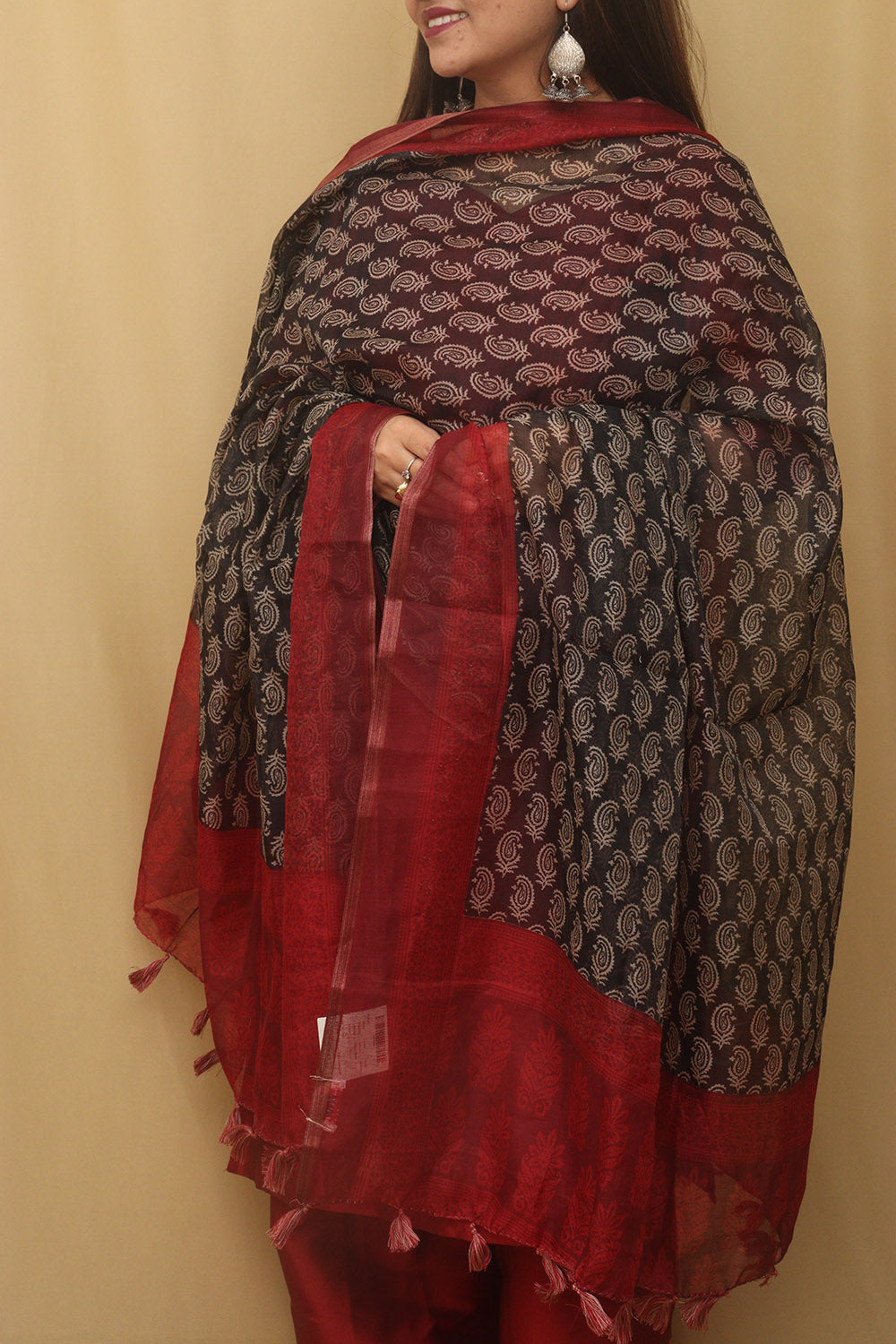Stylish Black Block Printed Chanderi Silk Dupatta