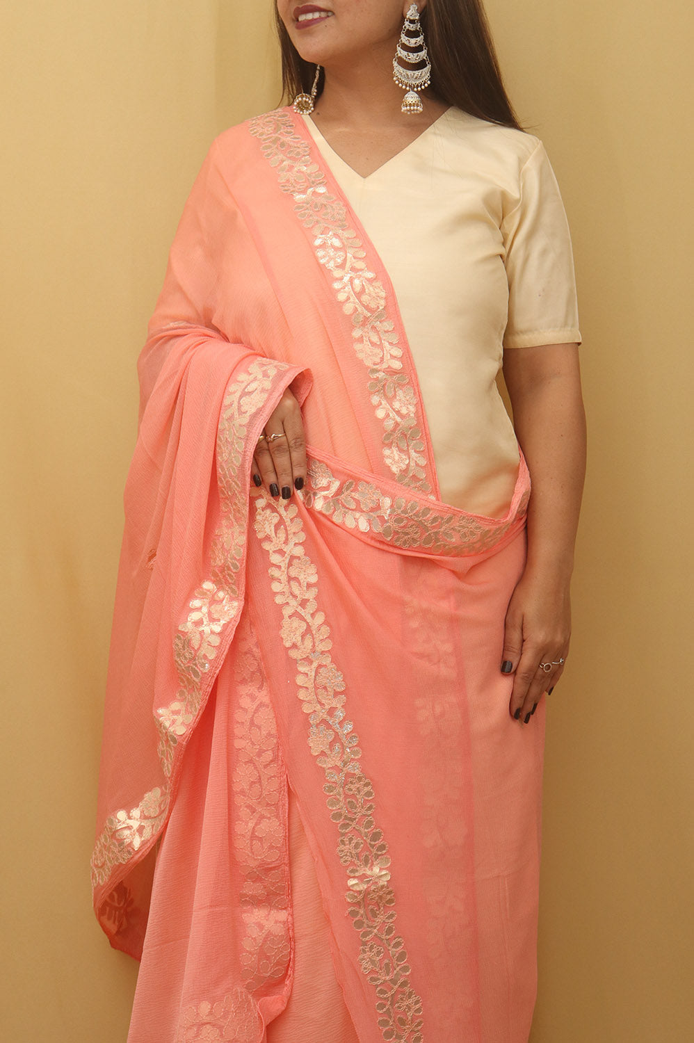 Peach Gota Patti Work Chiffon Dupatta - divyaindia 