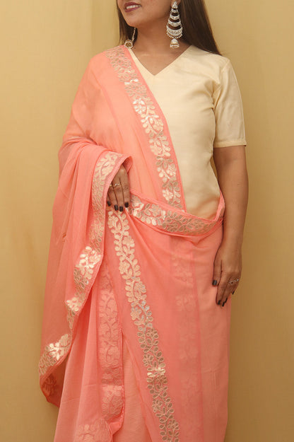 Peach Gota Patti Work Chiffon Dupatta - divyaindia 
