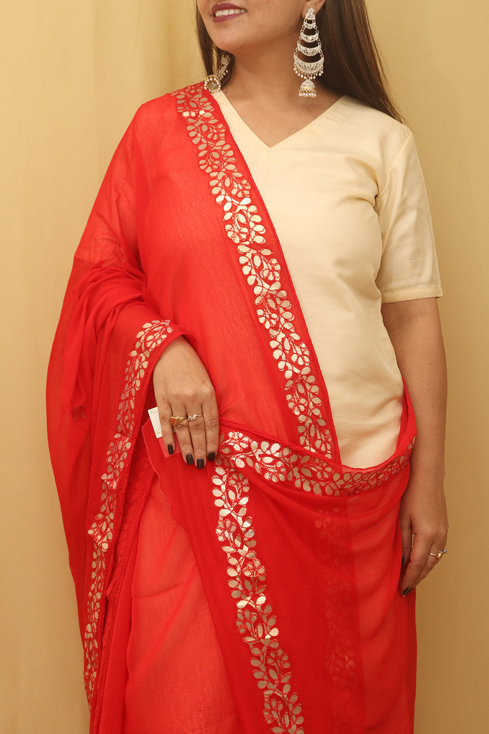 Red Gota Patti Work Chiffon Dupatta - divyaindia 