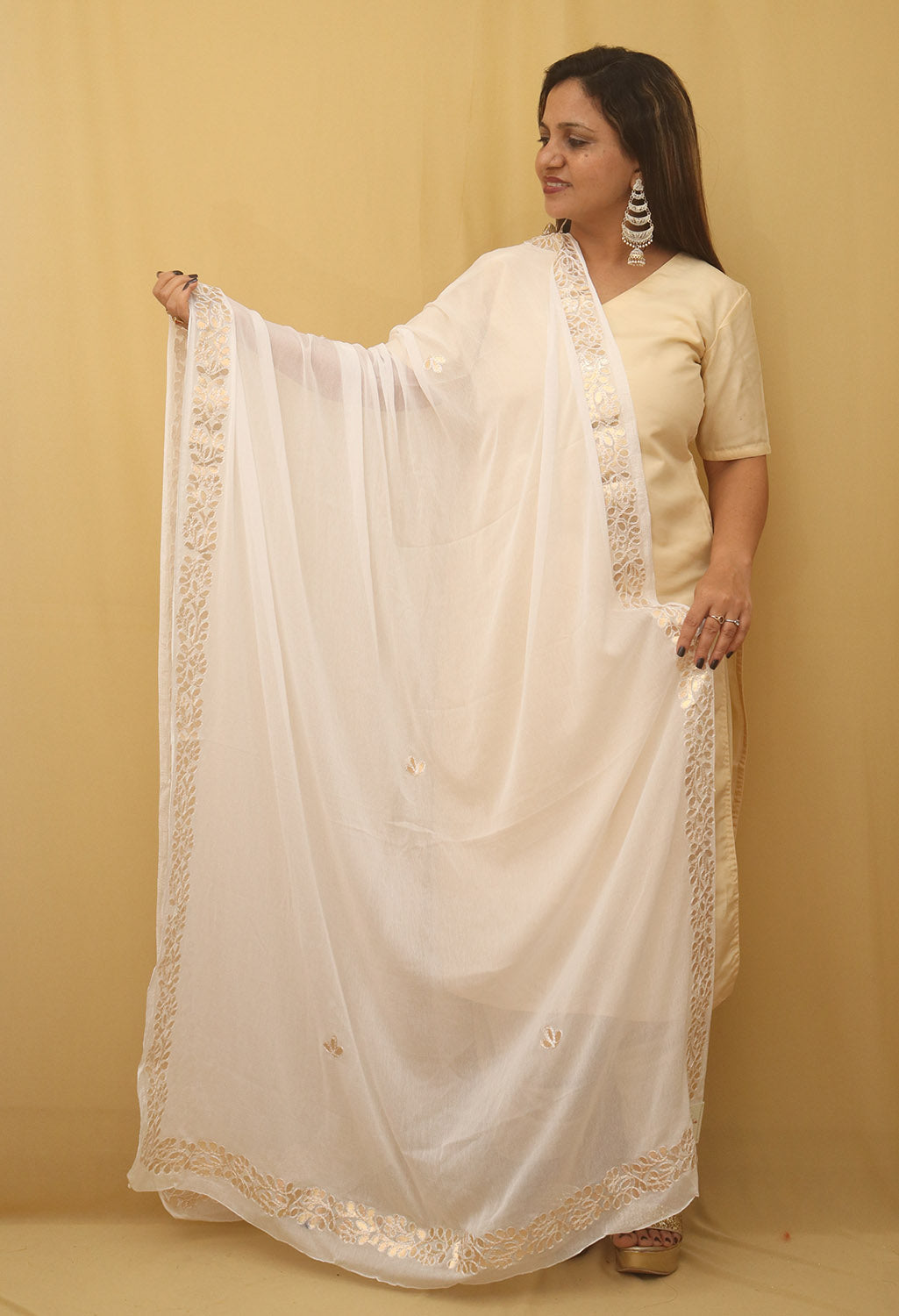 White Gota Patti Work Chiffon Dupatta - divyaindia 
