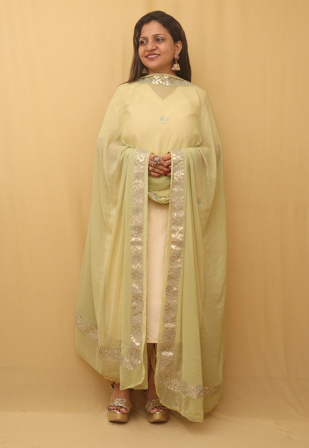 Pista Green Gota Patti Work Chiffon Dupatta - divyaindia 