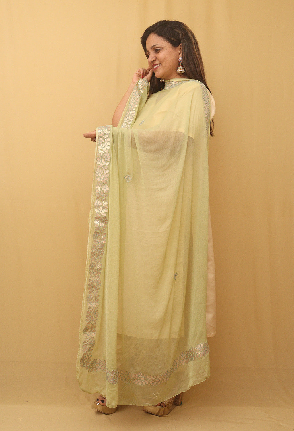 Pista Green Gota Patti Work Chiffon Dupatta - divyaindia 