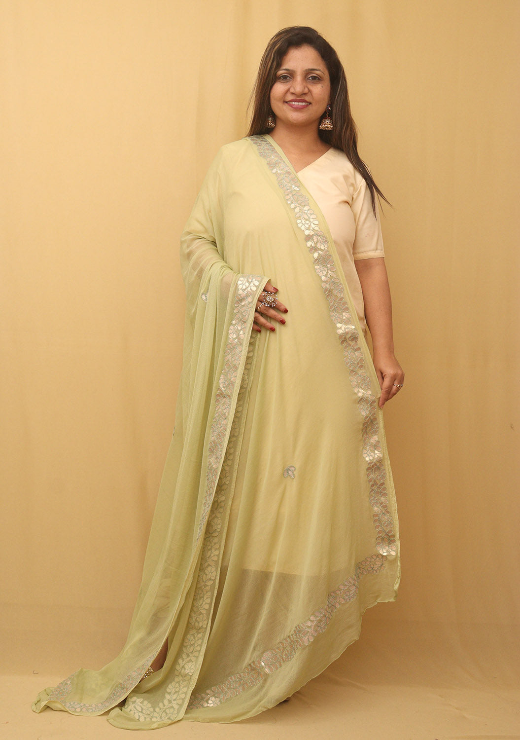 Pista Green Gota Patti Work Chiffon Dupatta - divyaindia 