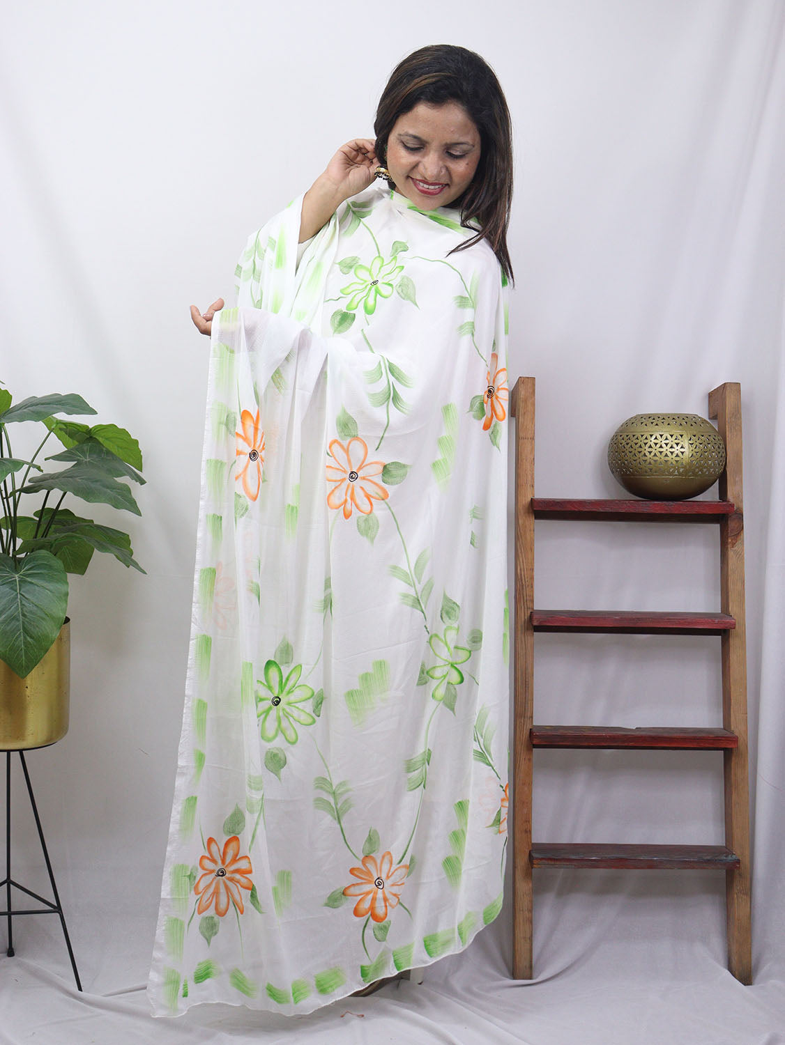 White Hand Painted Chiffon Dupatta