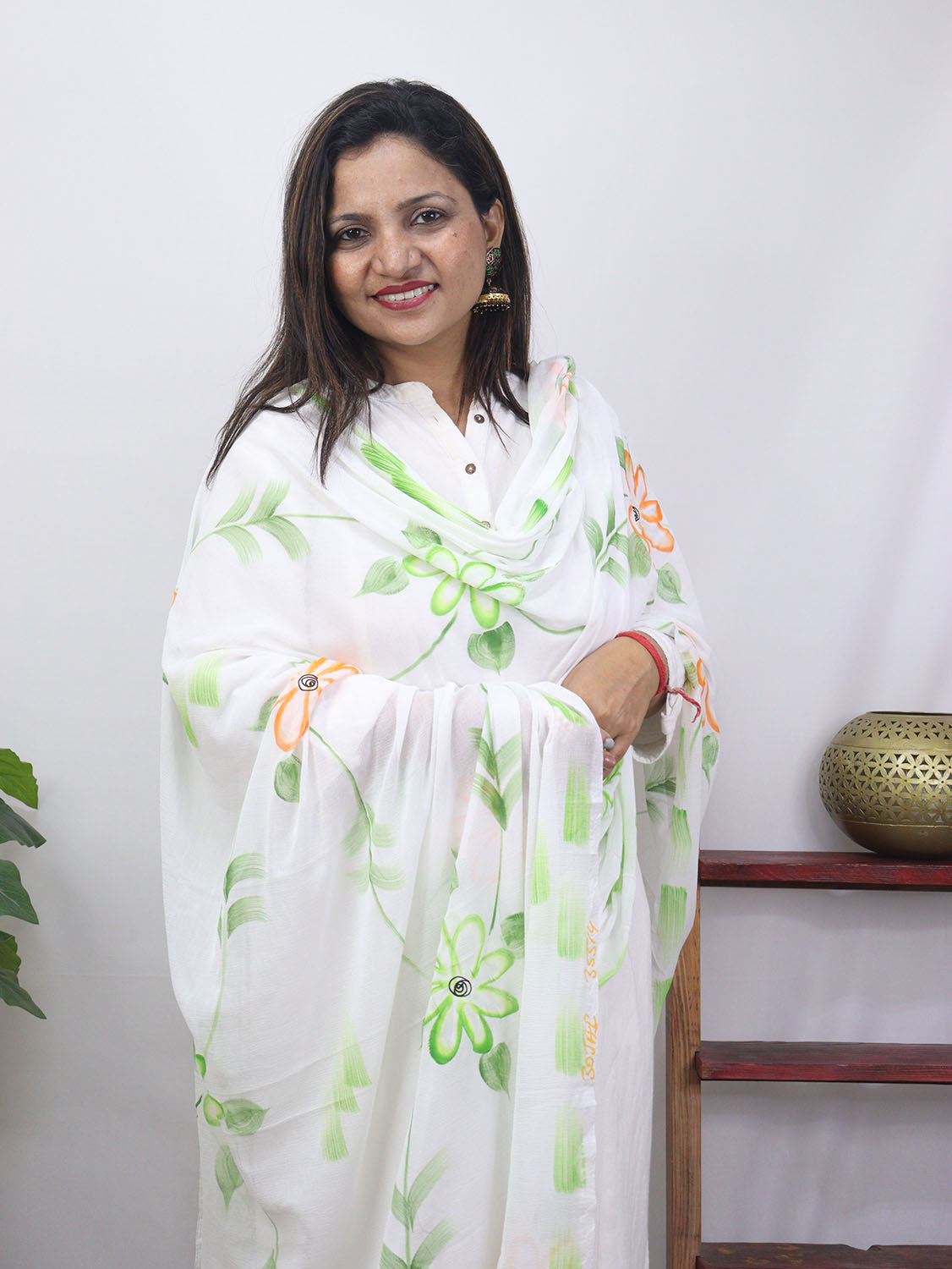 White Hand Painted Chiffon Dupatta