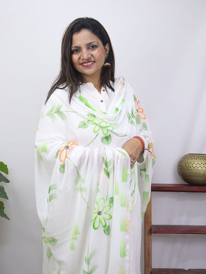 White Hand Painted Chiffon Dupatta