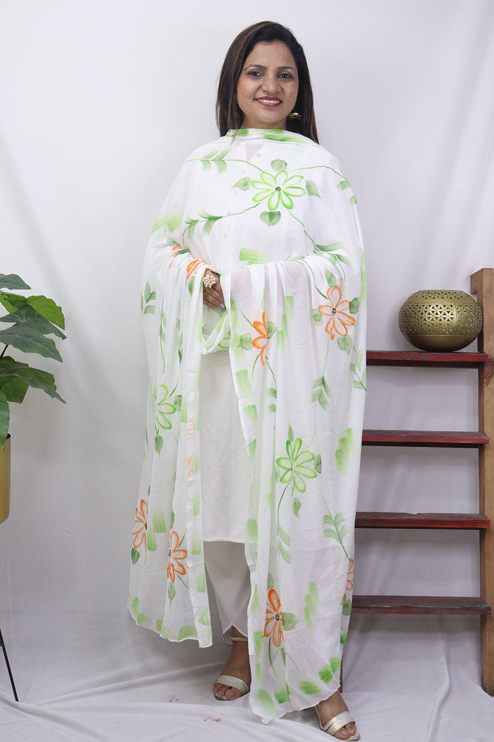 White Hand Painted Chiffon Dupatta