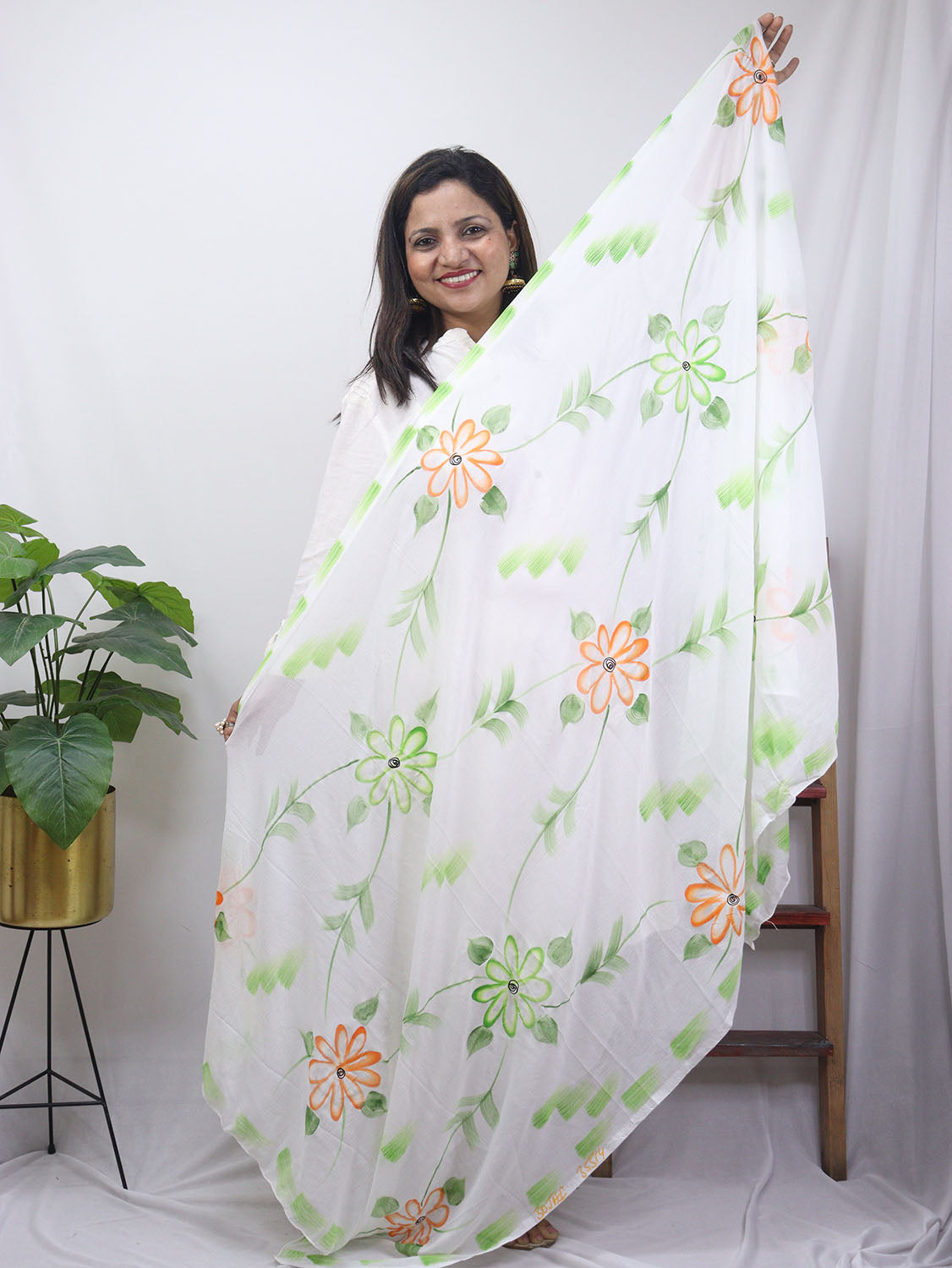 White Hand Painted Chiffon Dupatta