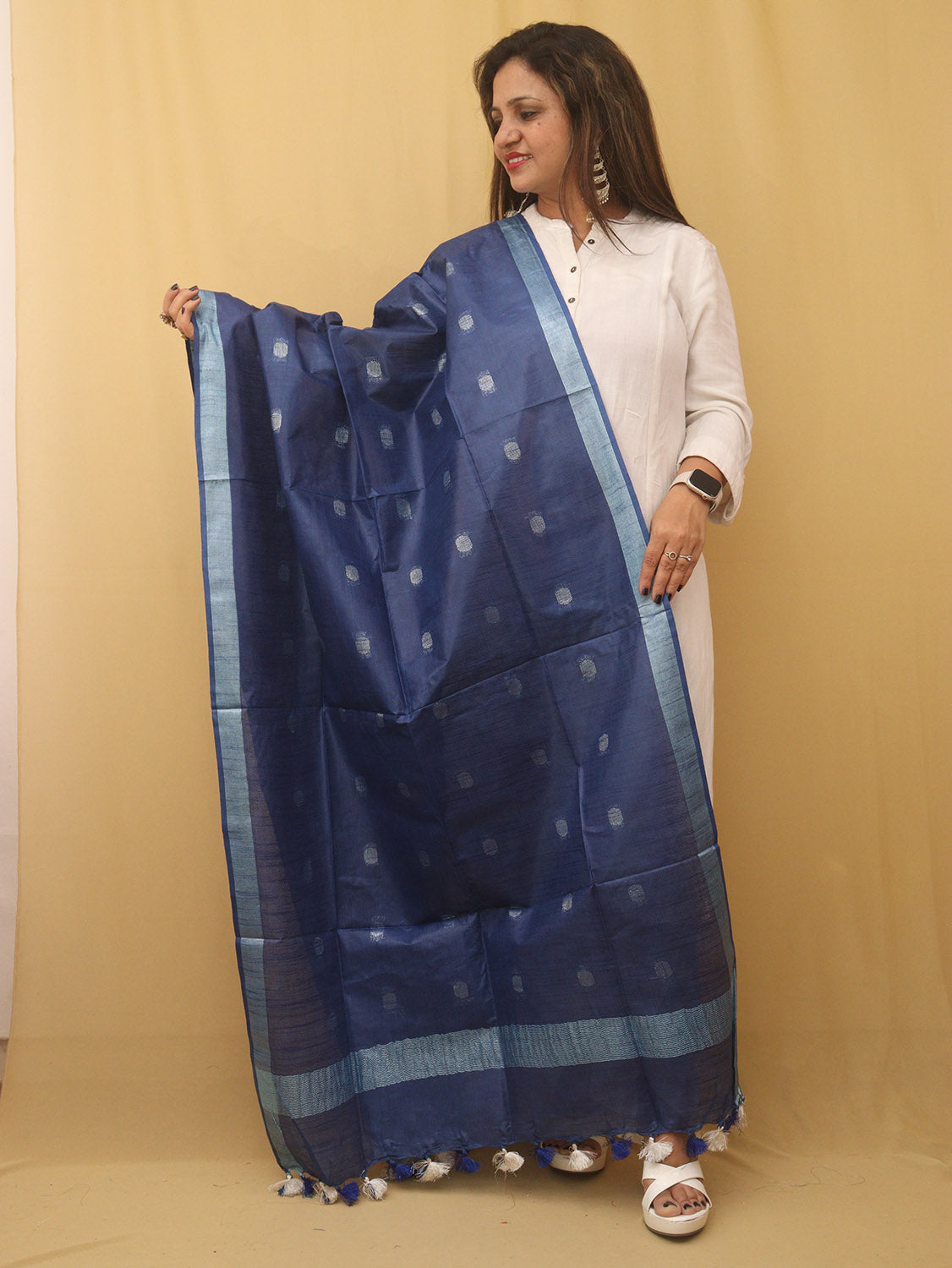 Blue Bhagalpur Handloom Linen Cotton Dupatta - divyaindia 