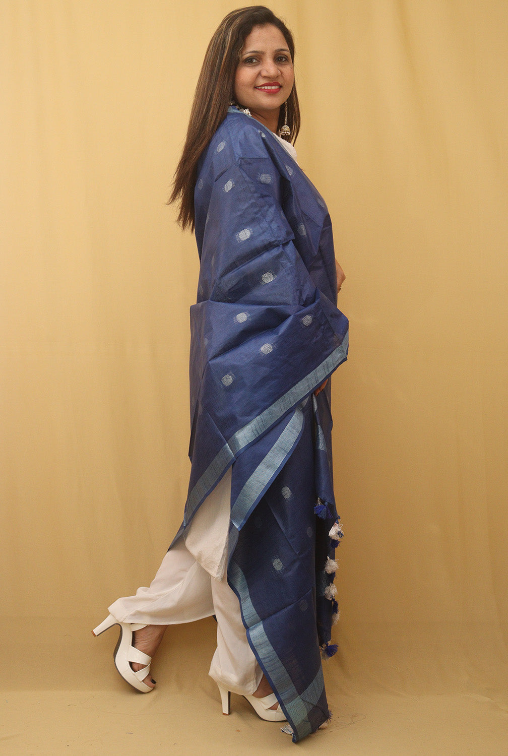 Blue Bhagalpur Handloom Linen Cotton Dupatta - divyaindia 