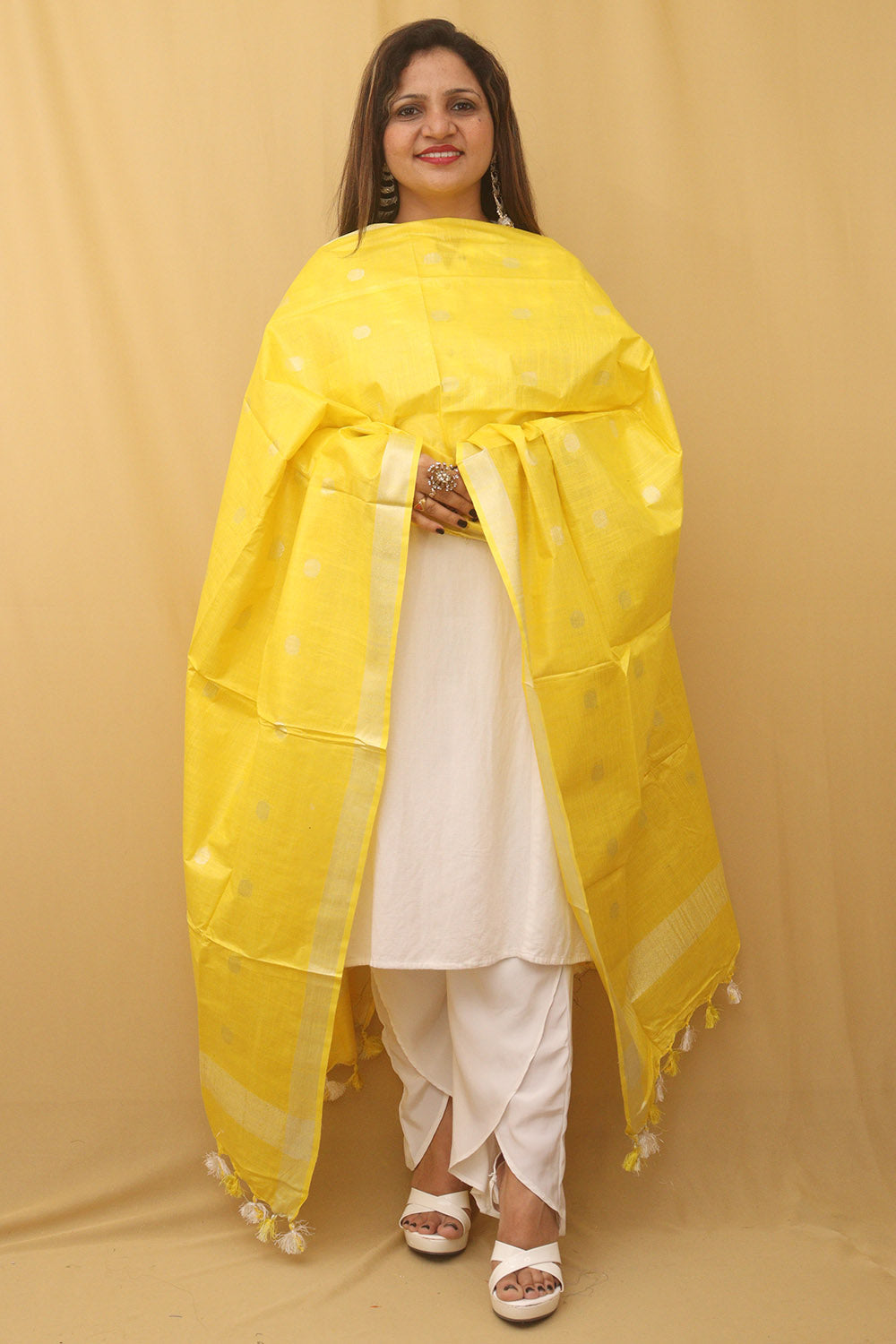 Yellow Bhagalpur Handloom Linen Cotton Dupatta - divyaindia 