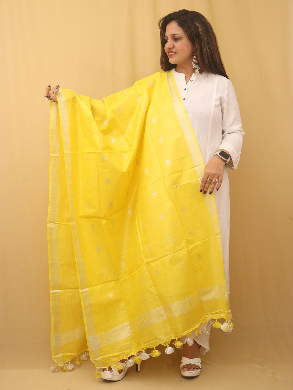 Yellow Bhagalpur Handloom Linen Cotton Dupatta - divyaindia 