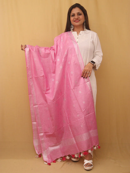 Pink Bhagalpur Handloom Linen Cotton Dupatta - divyaindia 