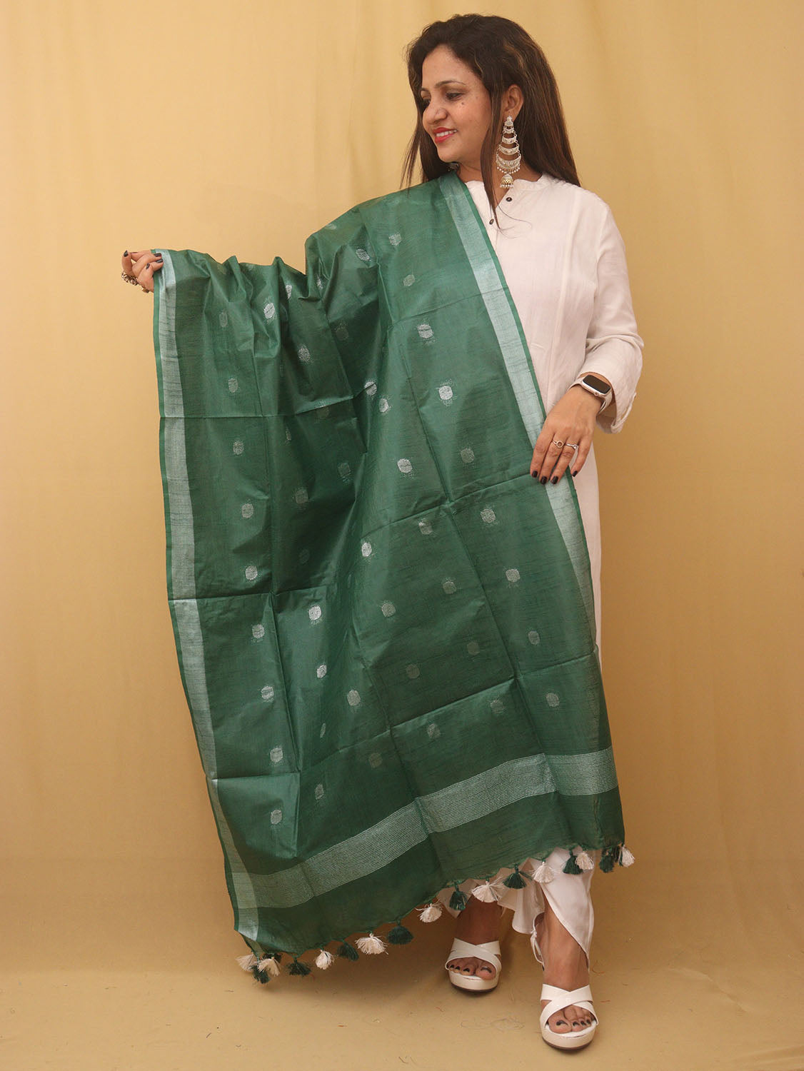 Green Bhagalpur Handloom Linen Cotton Dupatta - divyaindia 