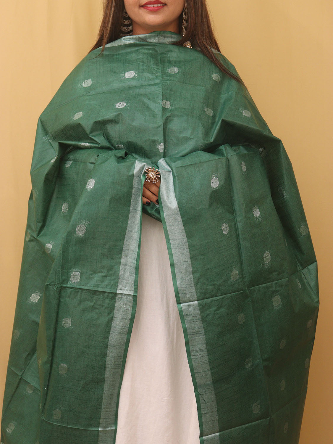 Green Bhagalpur Handloom Linen Cotton Dupatta - divyaindia 