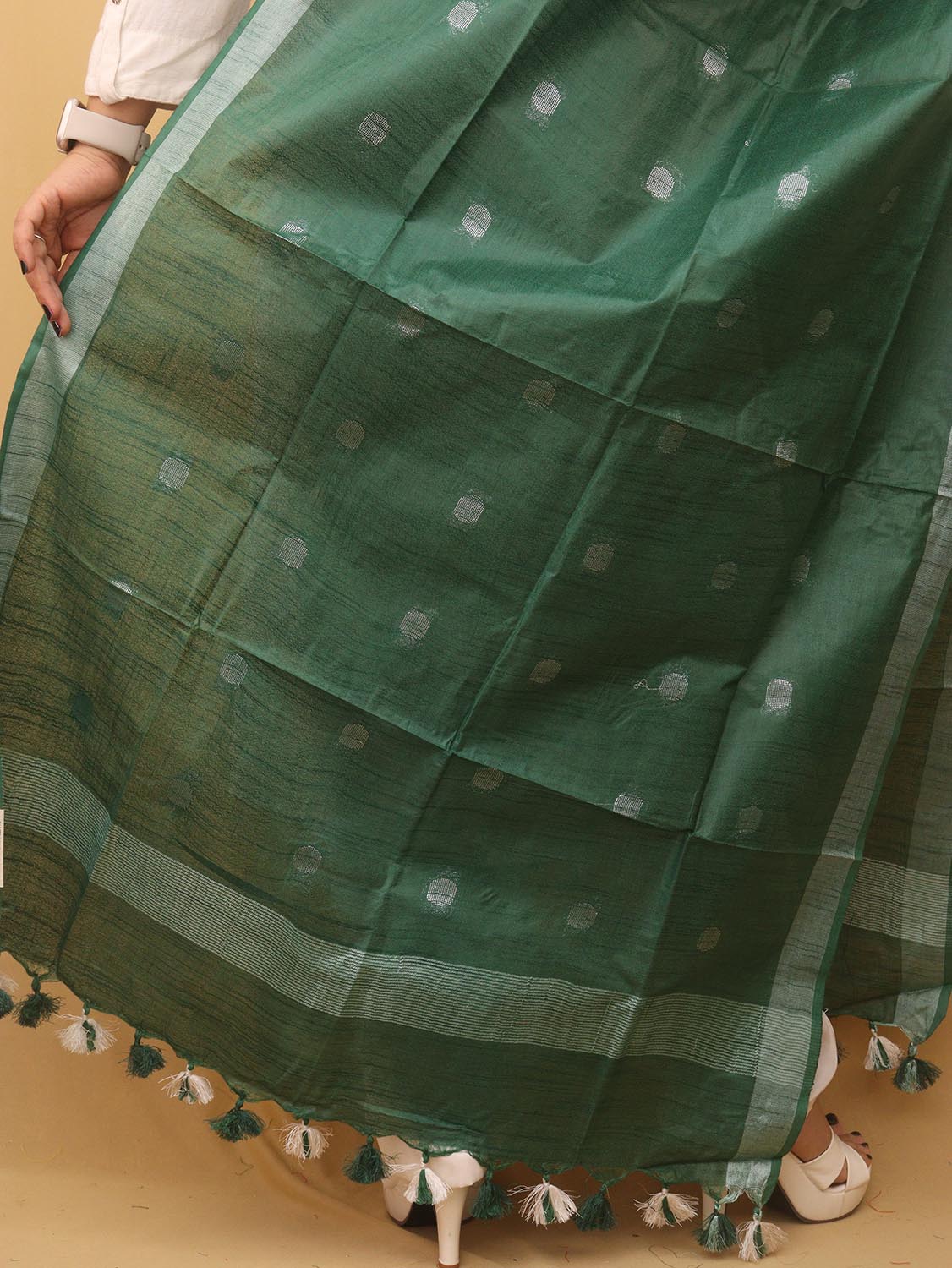 Green Bhagalpur Handloom Linen Cotton Dupatta - divyaindia 