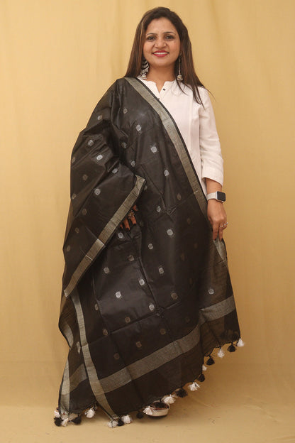 Black Bhagalpur Handloom Linen Cotton Dupatta - divyaindia 