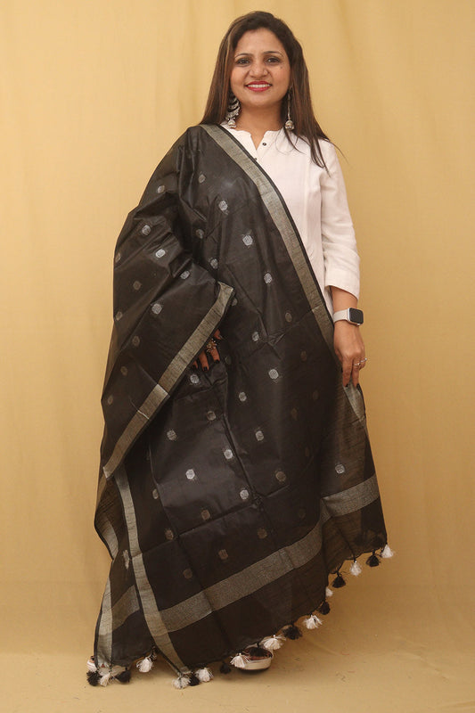Black Bhagalpur Handloom Linen Cotton Dupatta - divyaindia 