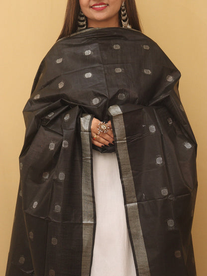 Black Bhagalpur Handloom Linen Cotton Dupatta - divyaindia 