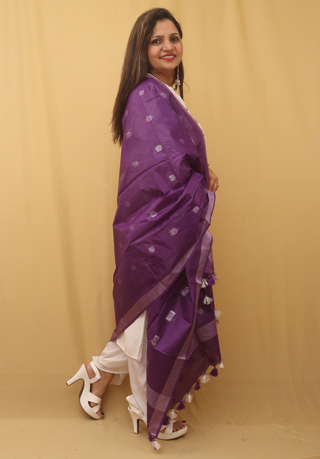 Purple Bhagalpur Handloom Linen Cotton Dupatta - divyaindia 