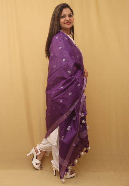Purple Bhagalpur Handloom Linen Cotton Dupatta - divyaindia 