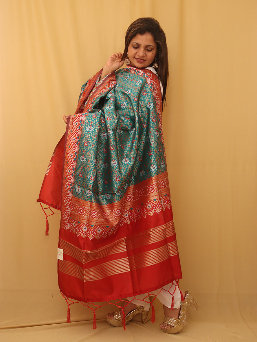 Green And Blue Patola Silk Dupatta - divyaindia 