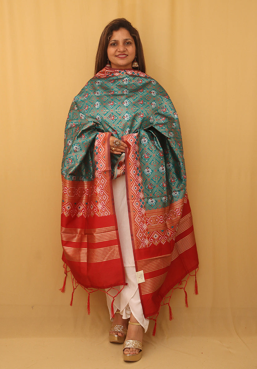 Green And Blue Patola Silk Dupatta - divyaindia 