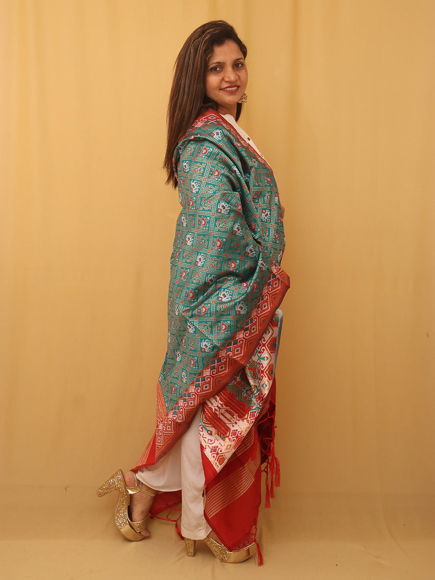 Green And Blue Patola Silk Dupatta - divyaindia 