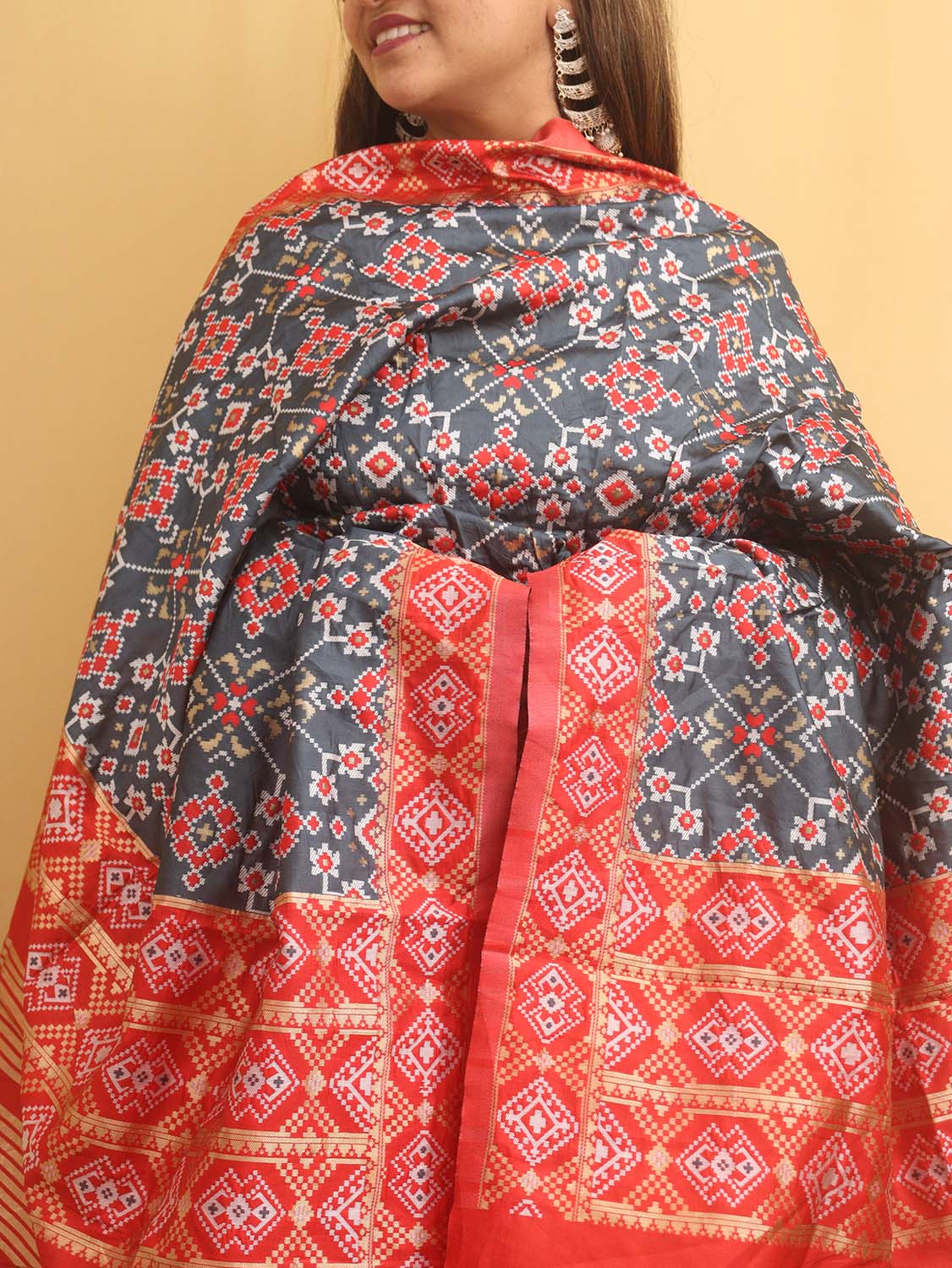 Grey Patola Silk Dupatta - divyaindia 