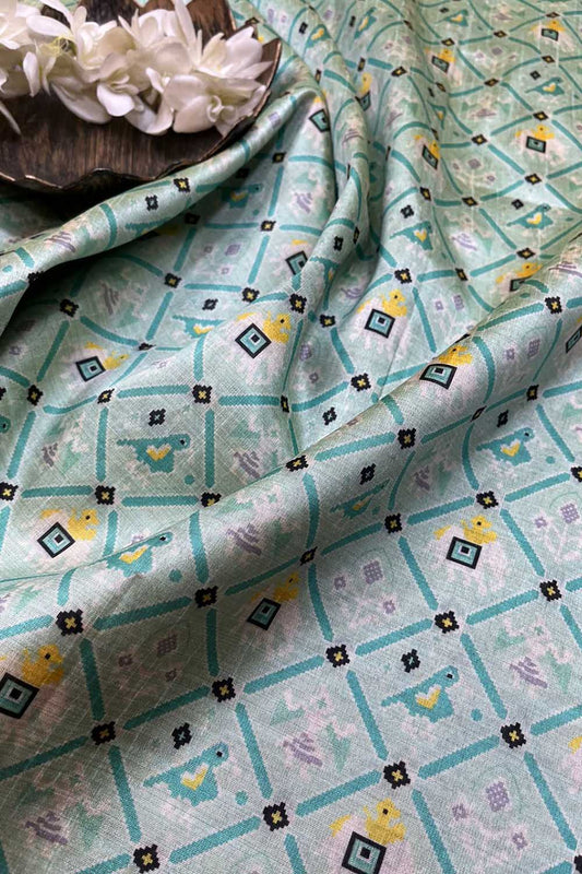 Blue Digital Printed Patola Design Tussar Silk Fabric ( 1 Mtr ) - divyaindia 