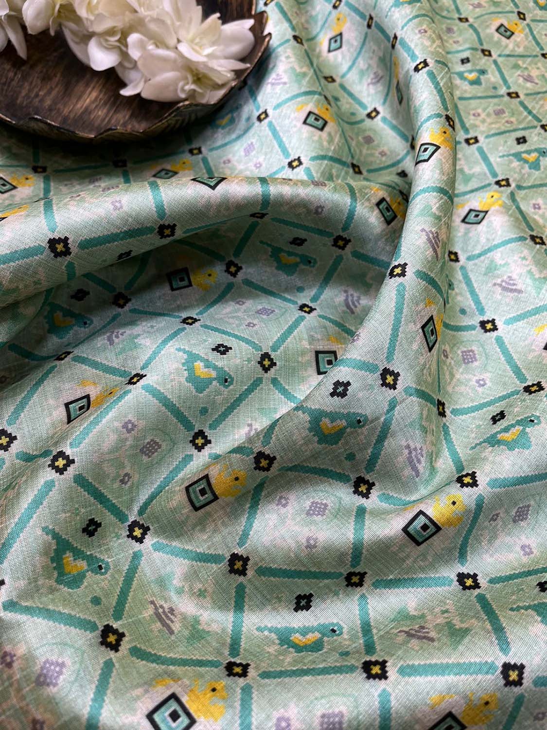 Blue Digital Printed Patola Design Tussar Silk Fabric ( 1 Mtr ) - divyaindia 