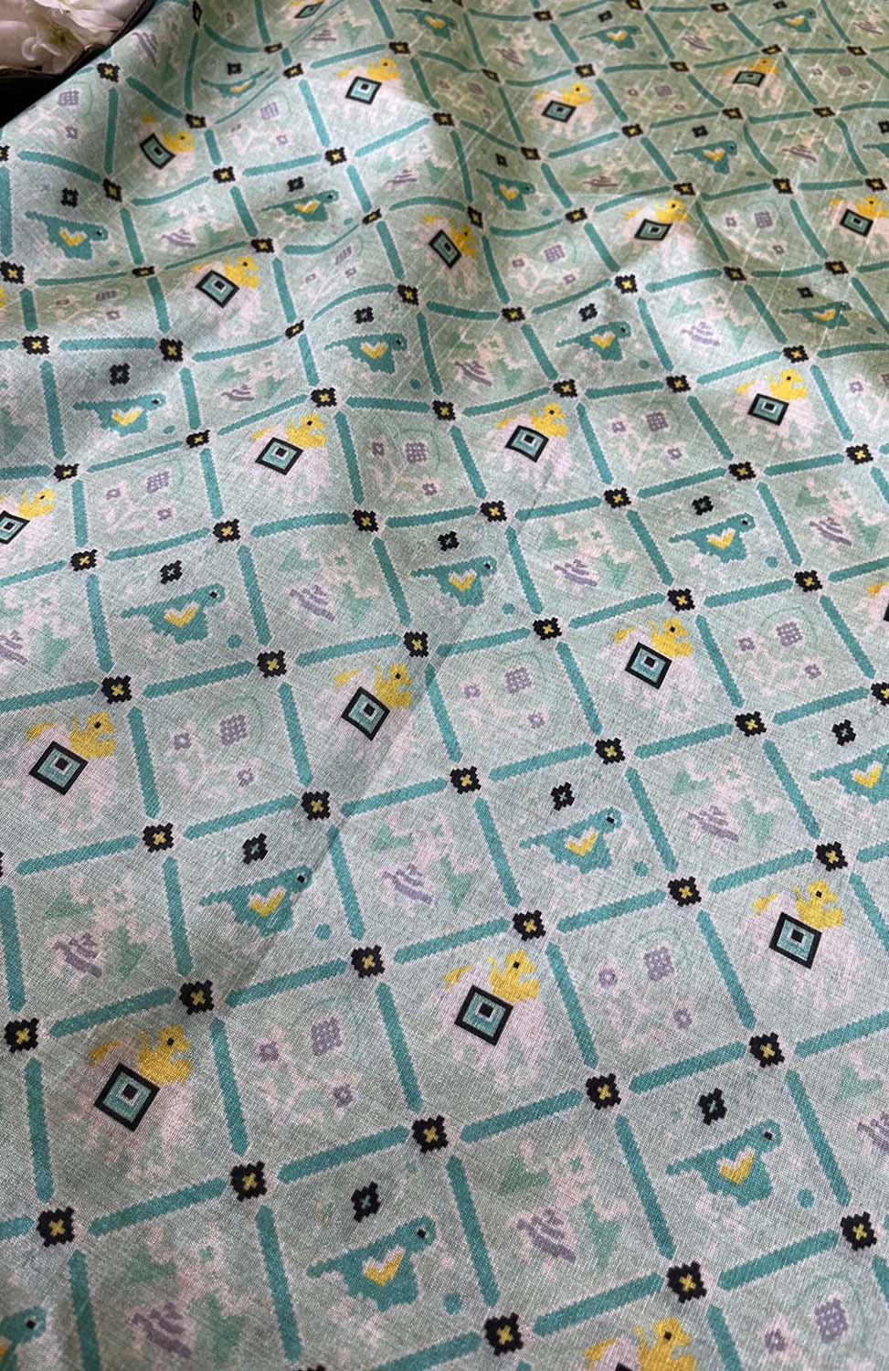 Blue Digital Printed Patola Design Tussar Silk Fabric ( 1 Mtr ) - divyaindia 